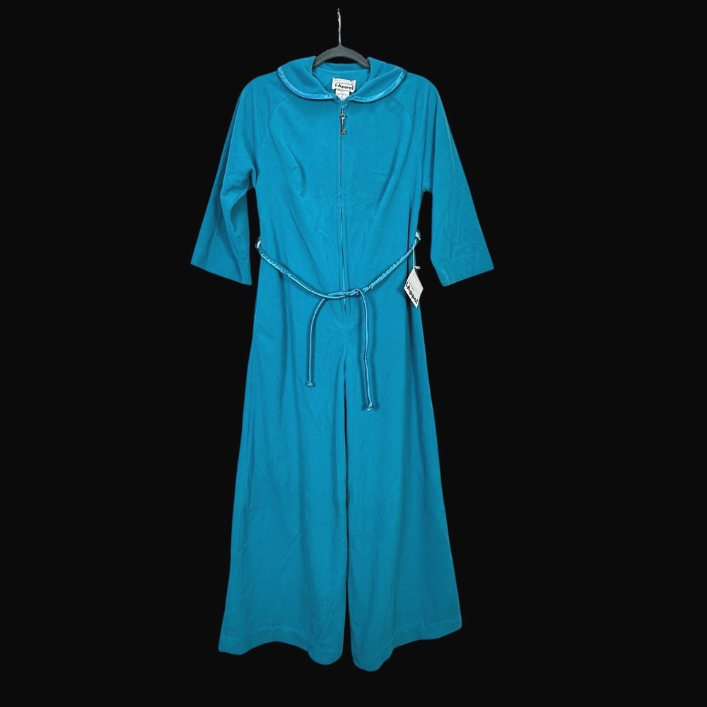Vintage I-Appel Teal Blue Velour Jumpsuit Wide Leg Key Zipper Small NWT 70s 1814